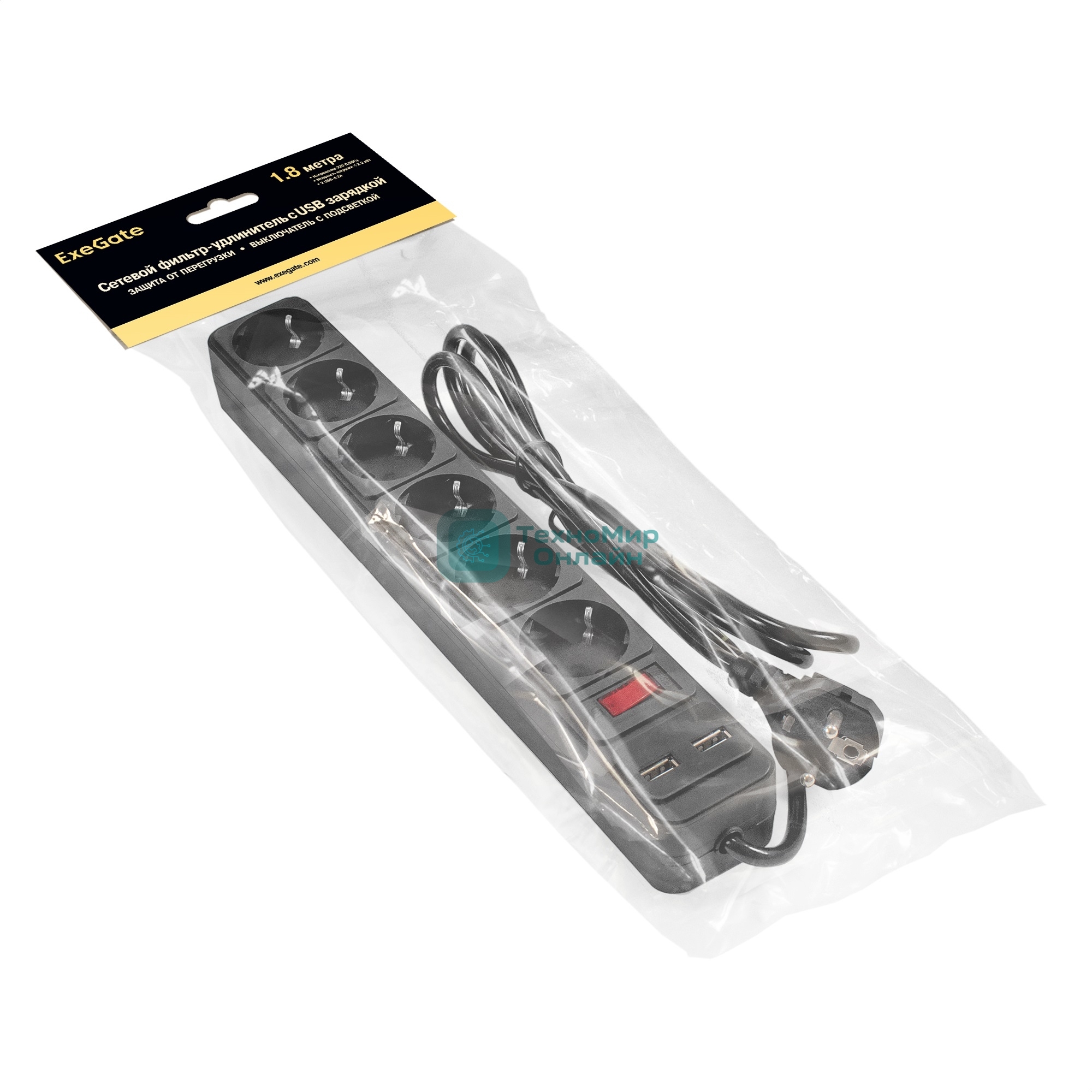 Сетевой фильтр-удлинитель с USB зарядкой ExeGate SP-6-USB-1.8B (6 евророзеток с заземлением, 2 USB-A 2A, 1.8 м, защита от перегрузки, выключатель с подсветкой, черный)