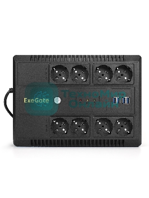 Источник бесперебойного питания ExeGate NEO NNB-600.LED.AVR.8SH.CH 600VA/360W, LED, AVR, 8*Schuko, 4*USB-порта для зарядки, черный