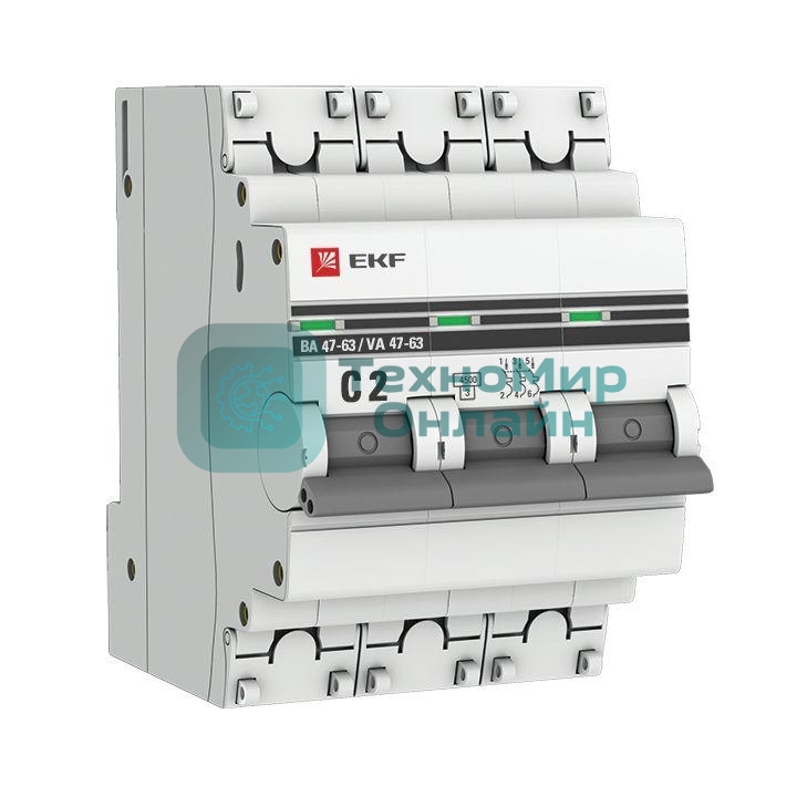 Выключатель автоматический модульный 3п C 2А 4.5кА ВА 47-63 PROxima EKF mcb4763-3-02C-pro