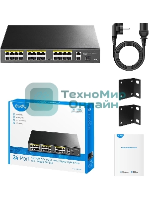 Коммутатор Cudy FS1026PS1, (L2) 24x100 Мбит/с 2x1 Гбит/с, 1SFP, 24PoE, 24PoE+ 300W, неуправляемый