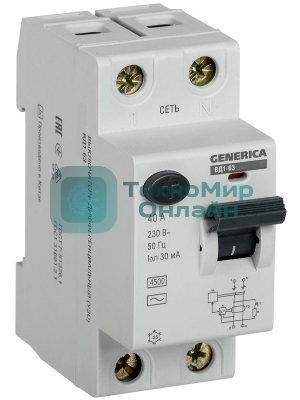 Выключатель дифференциального тока (УЗО) 2п 40А 30мА тип AC ВД1-63 GENERICA IEK MDV15-2-040-030