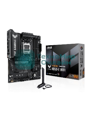 Материнская плата ASUS TUF Gaming B850-E WiFi, AM5, AMD B850, 4xDDR5, 4xSATA, 3xM.2, 1xPCIe 5.0 x16, 1xPCIe 4.0 x16, 1xPCIe x1, 1xDP, 1xHDMI, 2xUSB-C (1x10Gbps, 1x20Gbps), 3xUSB-A 5Gbps, 3xUSB-A 2.0, 1x2.5Gb LAN, Wi-Fi 6E, Bluetooth 5.3, 3x3.5 мм, 7.1, ATX