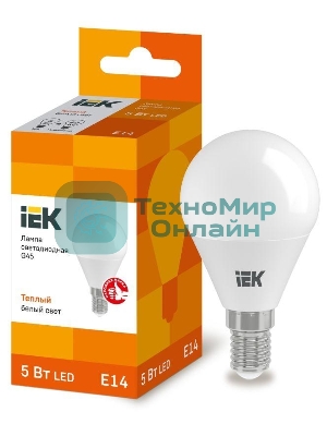 Лампа светодиодная IEK LLE-G45-5-230-30-E14 ECO G45 5Вт шар 3000К теплый белый E14 450лм 230-240В