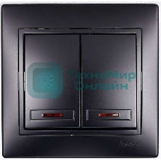 Выключатель 2-кл. 1п СП Мира 10А IP20 с подсветкой со вставкой черный бархат LEZARD 701-4242-112