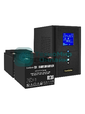 Комплект источника бесперебойного питания Exegate EX295987RUS + батарея 40Aч EX282976RUS 2шт (инвертор, синус, для котла) ExeGate SineTower SZ-1000.LCD.AVR.2SH.1C13.USB <1000VA/800W, чистый синусоида, LCD дисплей, AVR, 2*Schuko+1*C13, USB, линейно-интерактивный, черный> + батарея ExeGate DT 1240 (12В, 40А·ч) 2шт