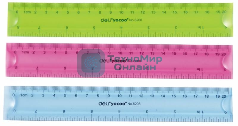 Линейка Deli E6208, пластик, длина 20см, ассорти, гибкая / двухсторонняя шкала