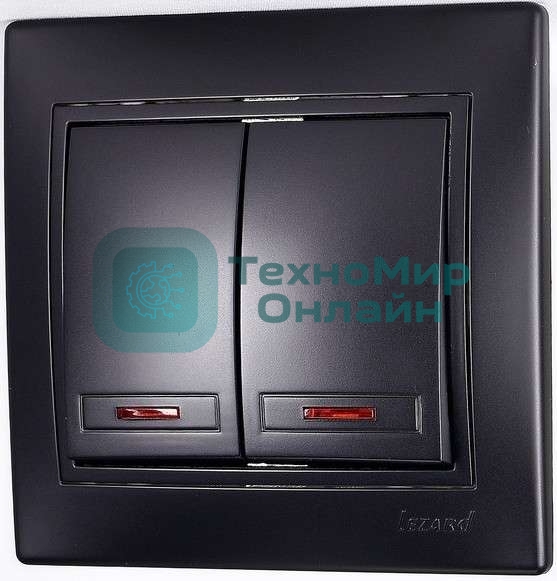 Выключатель 2-кл. 1п СП Мира 10А IP20 с подсветкой со вставкой черный бархат LEZARD 701-4242-112