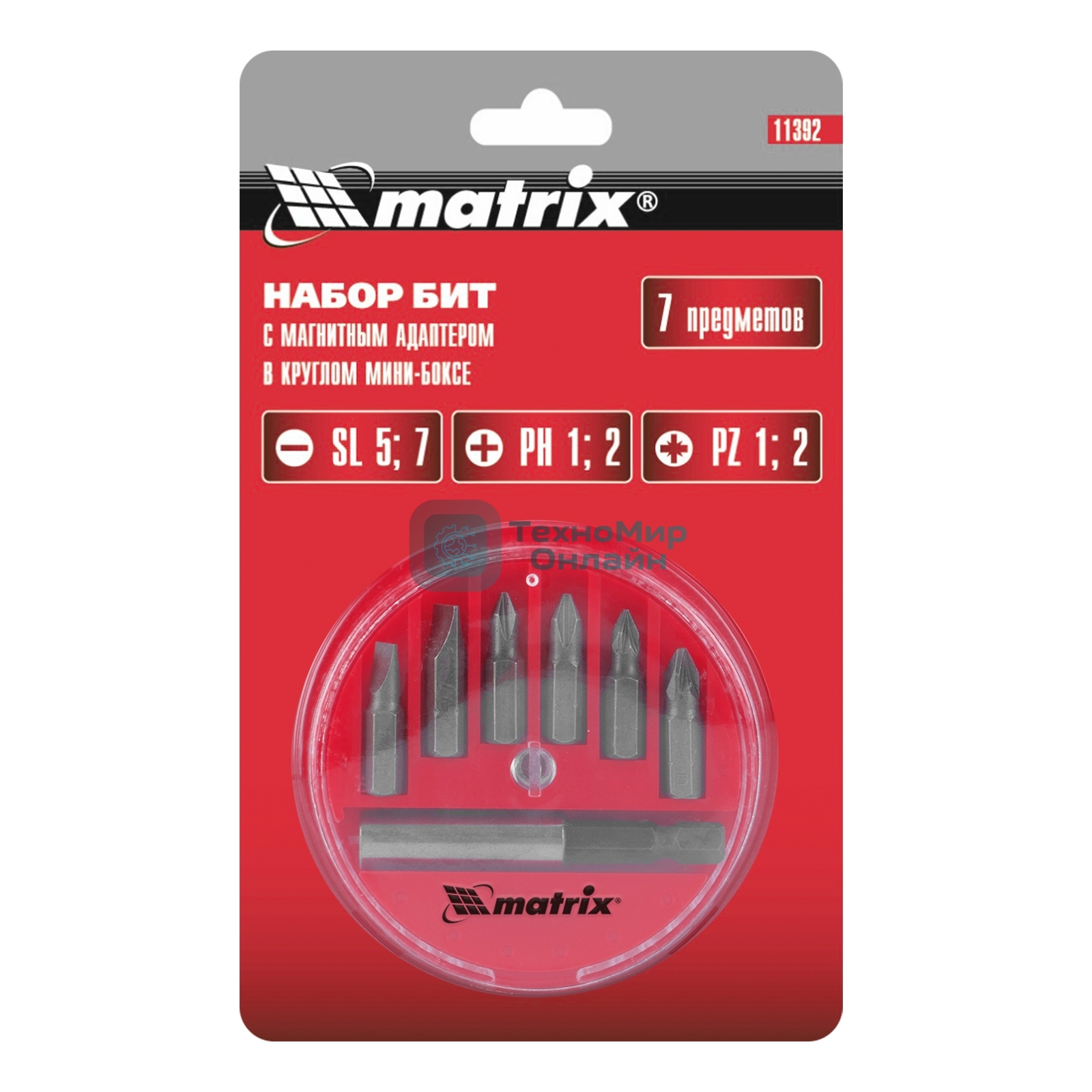 Набор бит Matrix, магнитный адаптер для бит, сталь 45Х, 7 предм., в пласт. закрытом боксе