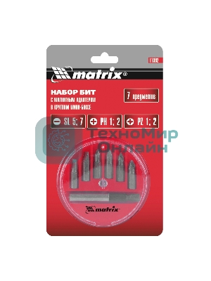 Набор бит Matrix, магнитный адаптер для бит, сталь 45Х, 7 предм., в пласт. закрытом боксе