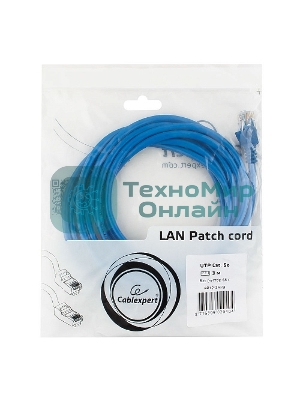 Патч-корд UTP Cablexpert cat.5e, 3м, литой, многожильный, синий