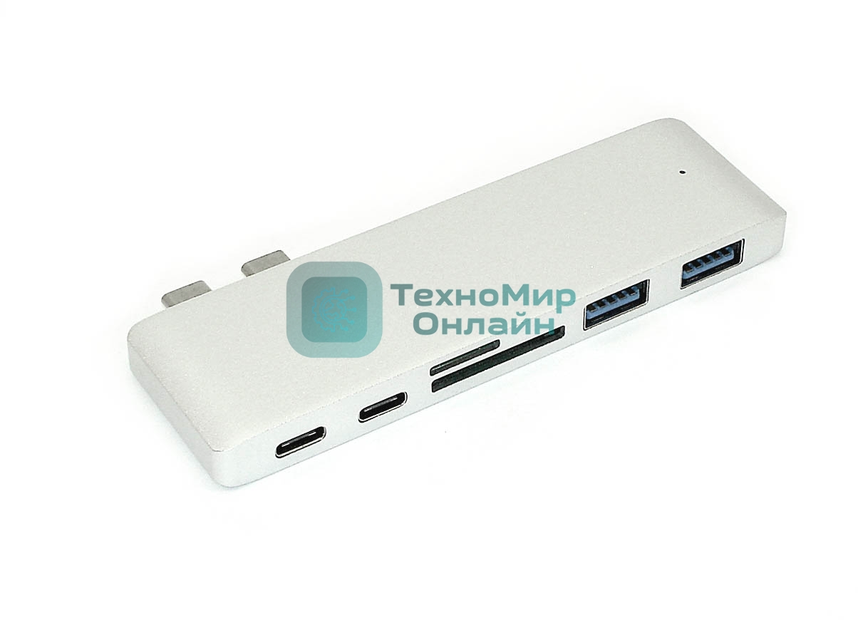 Адаптер сдвоенный Type-C на USB 3.0*2 + Type-C* 2 + SD/TF для MacBook, серебристый