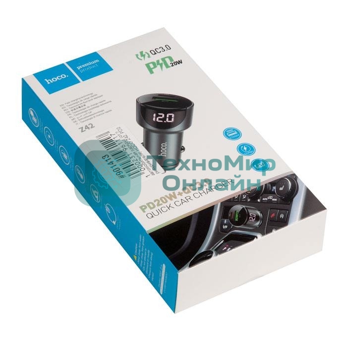 Автомобильная зарядка (от прикуривателя) HOCO Z42, PD20, QC3.0, один порт USB, один порт Type-C, серый