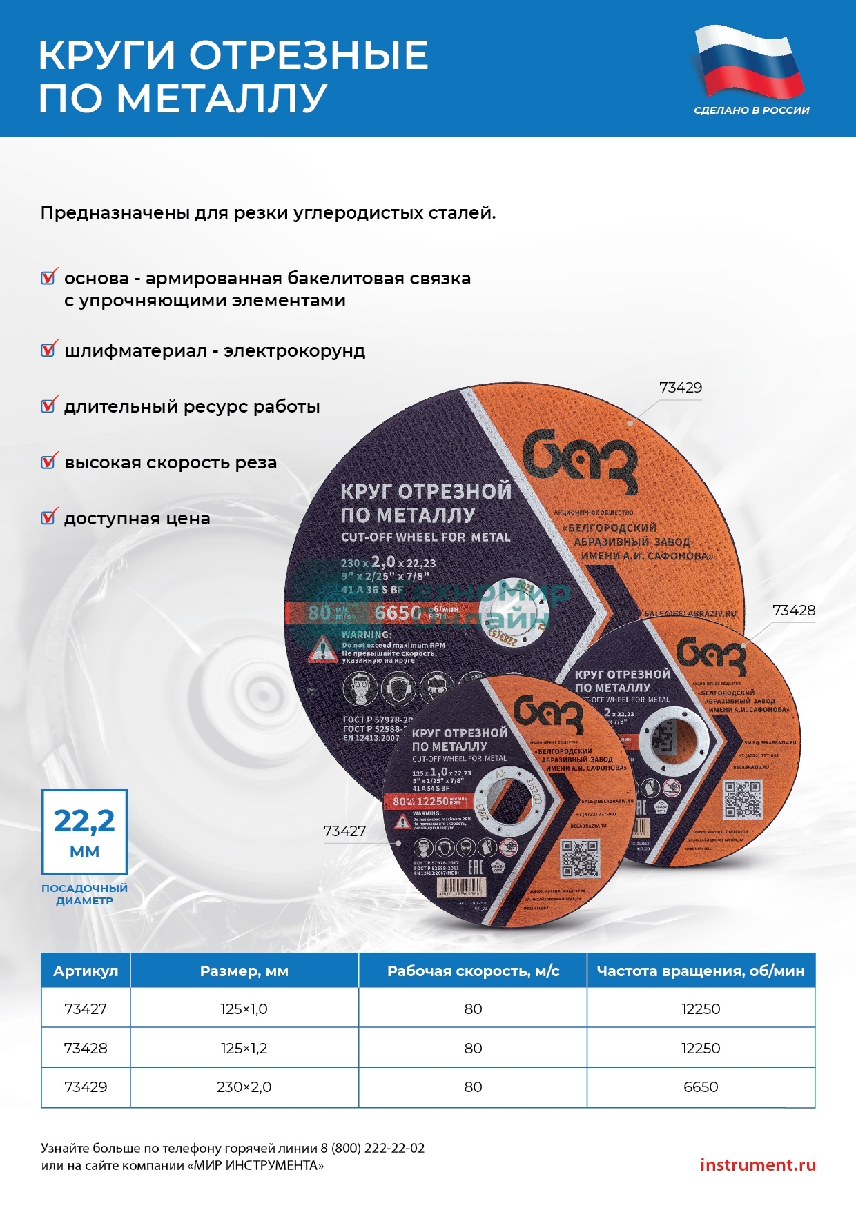 Круг отрезной по металлу, 125 х 1,0 х 22,2 мм (БАЗ) Россия