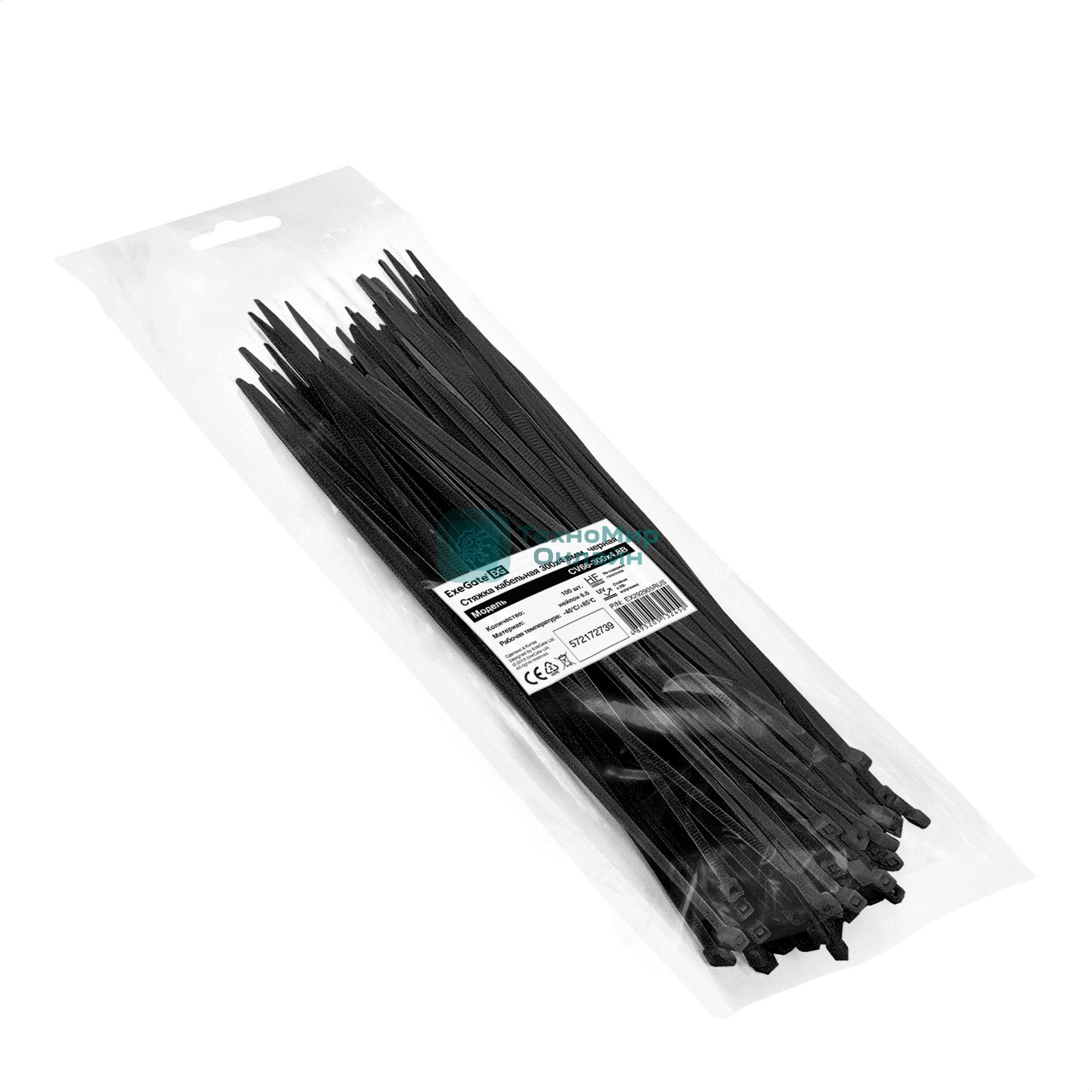 Стяжка (хомут) нейлоновая ExeGate CV66-350x4.8B (нейлон 6.6, 350x4.8 мм, неоткрывающаяся, halogen free, -40°C - +85°C, черная, 100 шт)
