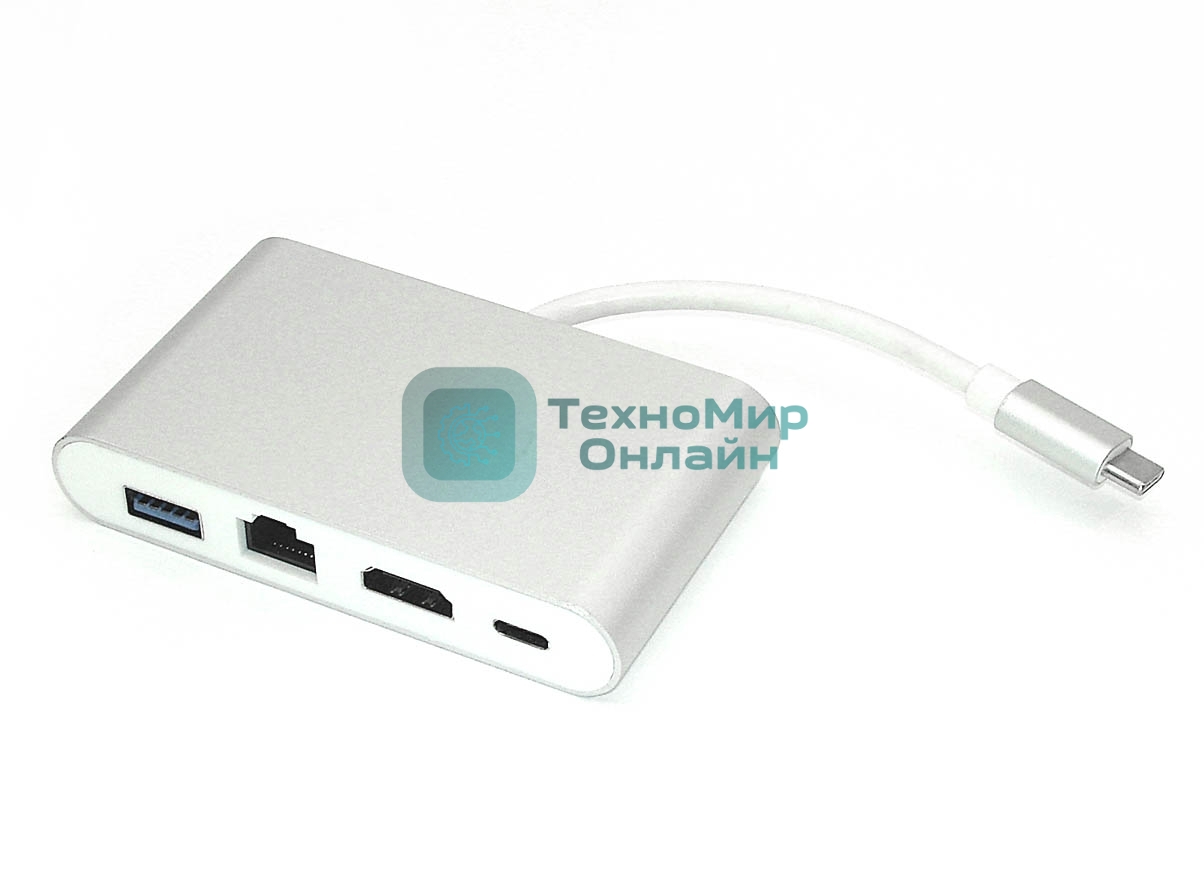Адаптер Type-C на HDMI, USB 3.0 + RJ45, серебро