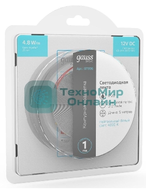 Лента светодиодная Basic Gauss 12V 4,8W/m 312lm/m 4000K IP20 LED 5m 1/100