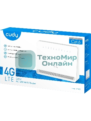 Маршрутизатор AC1200 Wi-Fi 4G LTE Cat 6 Gigabit Router, 4 10/100/1000M RJ45 Ports, Nano SIM Slot, Quectel module inside,build-in 4G LTE modem, 300Mbps at 2.4GHz + 867Mbps at 5GHz, Internal Antennas, PPTP/L2TP/OpenVPN/WireGuard VPN, DNS over Cloudflare/Google/Quad9, DDNS, SMS, Band locking, TR069, TR111, Cudy Mesh Support