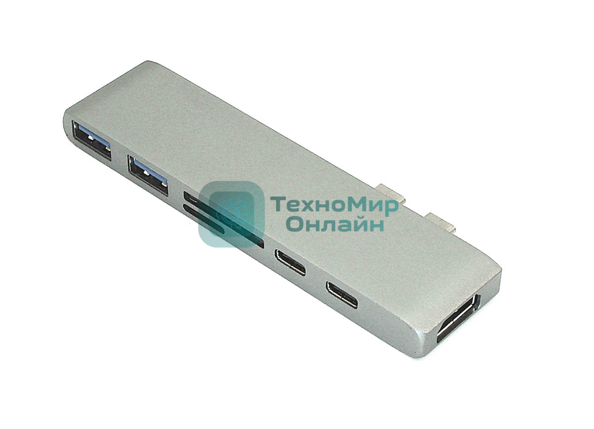 Адаптер сдвоенный Type-C на HDMI, USB 3.0*2 + Type-C* 2 + SD/TF для MacBook, серый