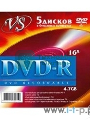 Диск DVD-R VS (PERFEO) 4.7 Gb, 16x, Конверт (5), (5/250)
