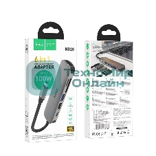 USB-концентратор Type-C Hoco HB28 6в1: USB3.0, PD100W, SD/TF, USB2.0, HDMI, кабель 13см, алюминий