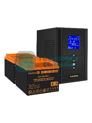 Комплект источника бесперебойного питания Exegate EX295987RUS + батарея 45Aч EX285666RUS 2шт (инвертор, синус, для котла) ExeGate SineTower SZ-1000.LCD.AVR.2SH.1C13.USB <1000VA/800W, чистый синусоида, LCD дисплей, AVR, 2*Schuko+1*C13, USB, линейно-интерактивный, черный> + батарея ExeGate HRL 12-45 (12В, 45Ач) 2шт