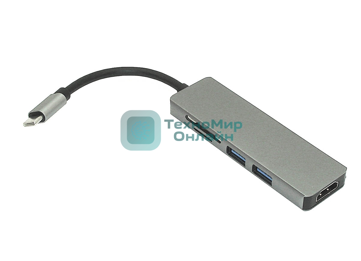 Адаптер Type-C на HDMI, USB 3.0*2 + SD/TF для MacBook, серебро