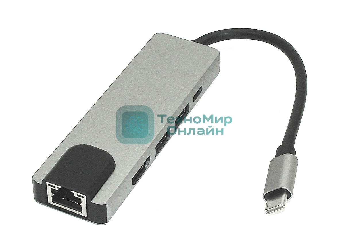 Адаптер Type-C на HDMI, USB 3.0*2 + RJ45 + Type-C, серебро