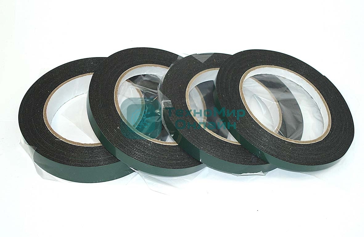 Скотч двусторонний черный вспененный с зеленой защитной лентой толщина 1мм ширина 8мм 5м