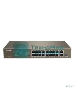 Коммутатор неуправляемый IP-COM F1118P-16-150W PoE, 18 портов, 18х100 Мбит/с, 2x1 Гбит/с, PoE 16х30 Вт (до 130Вт)