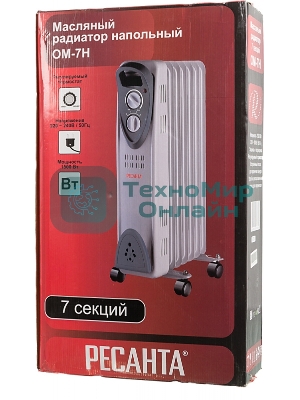 Обогреватель масляный Ресанта ОМ- 7Н (7 секций), белый, 1500 Вт, 15 м2, термостат 67/3/7