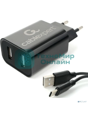 Сетевое зарядное устройство Cablexpert MP3A-PC-37 USB 2 порта, 2.4A, черный + кабель 1м Type-C