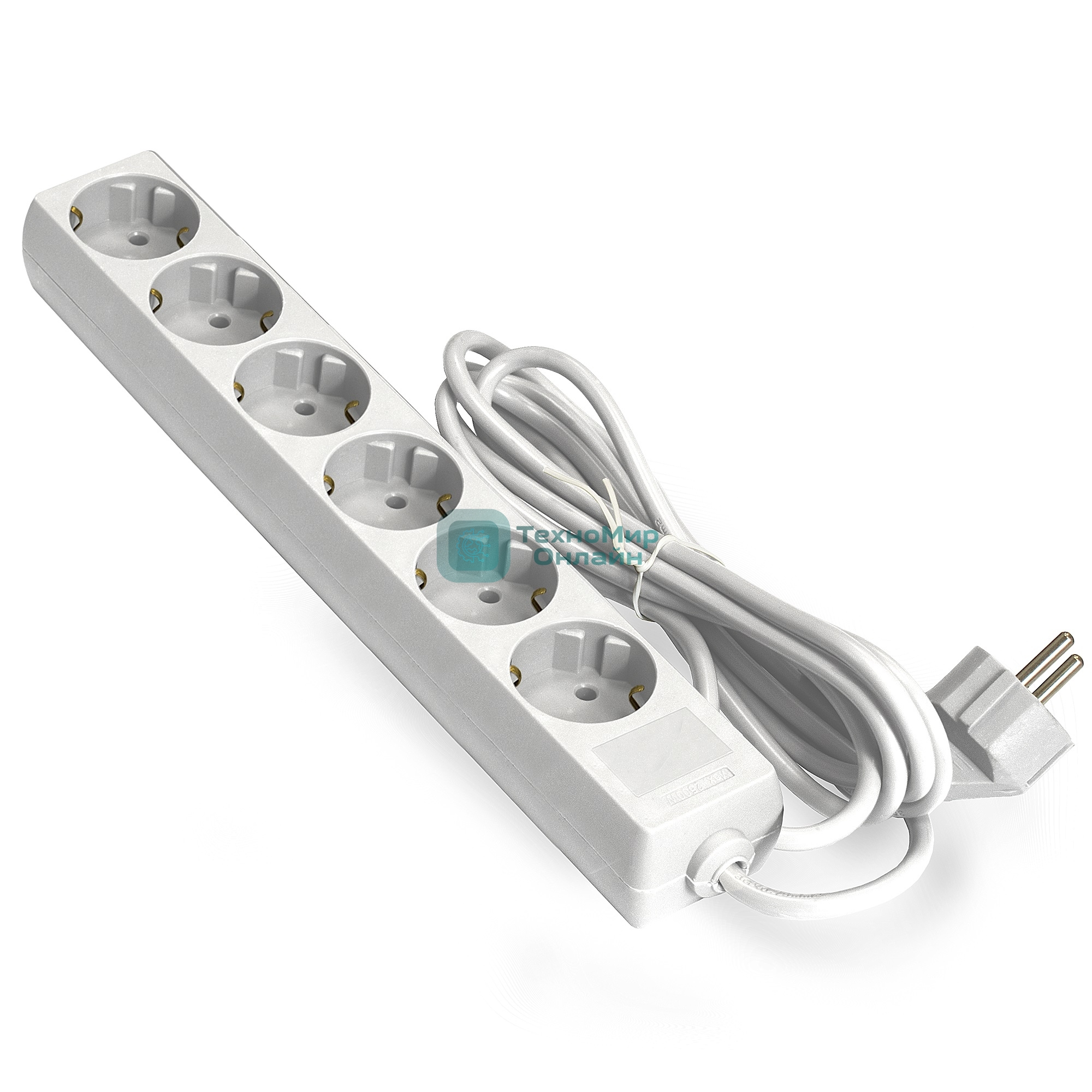 Удлинитель ExeGate ECE-6-5W (EX285836RUS), белый, 5 м, евровилка с заземлением, 6 евророзеток с заземлением, 2200 Вт