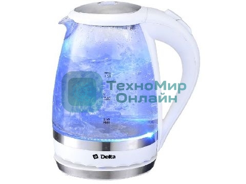 Чайник электрический Delta DL-1202 корпус из жаропрочного стекла, белый, 2200Вт, 1,5л