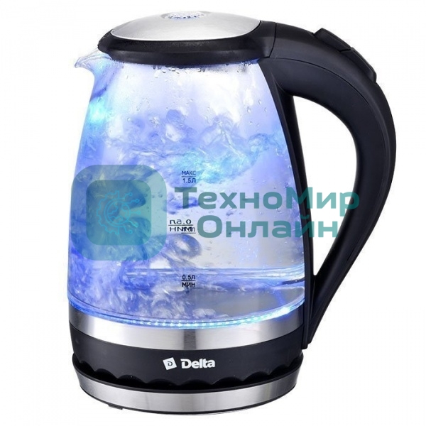 Чайник электрический Delta DL-1202 корпус из жаропрочного стекла, черный, 2200Вт, 1,5л