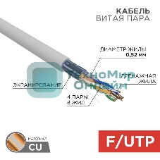 Кабель витая пара Rexant F/UTP, cat.5e, ZH нг(А)-HF, 4х2х0,52мм, 24AWG, INDOOR, SOLID, серый, 305м PRO