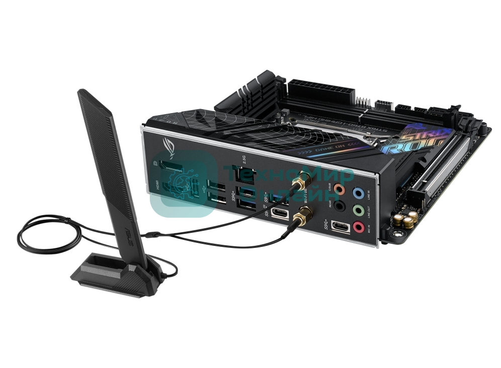 Материнская плата ASUS ROG STRIX B760-I GAMING WIFI, LGA 1700, Intel B760, 2xDDR5, 4xSATA, 2xM.2, 1xPCIe 5.0 x16, 1xHDMI, 1xDP, 1x 2.5Gb LAN, 3xUSB-A 2.0, 3xUSB-A 3.2 Gen 1, 1xUSB-C 3.2 Gen 1, 1xUSB-C 3.2 Gen 2x2, 5x3.5 мм, 7.1, Mini-ITX