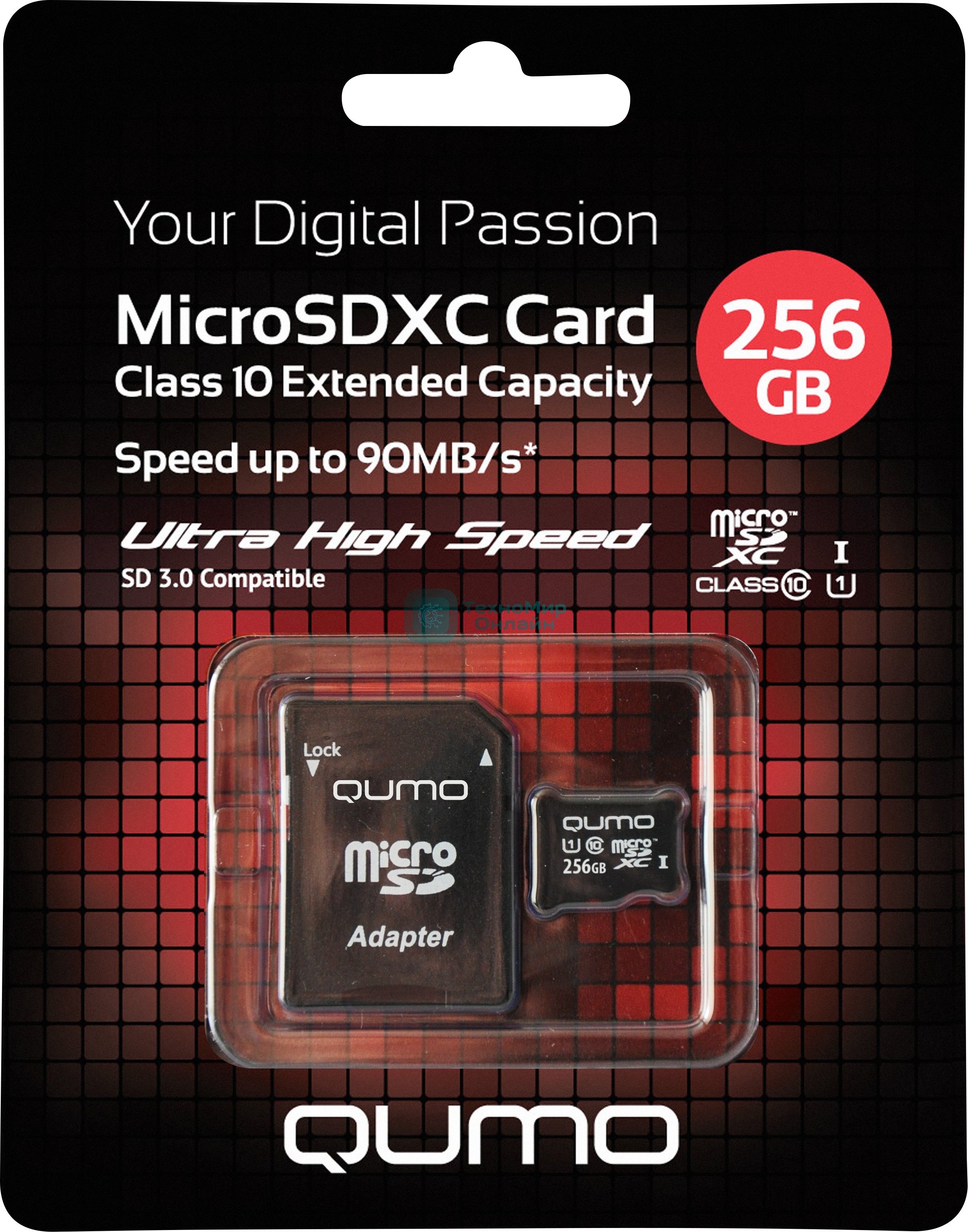 Карта памяти QUMO MicroSDXC 256 GB UHS-I, 3.0 , адаптер в комплекте SD, R/W 90/20 MB/s черно-красная картонная упаковка