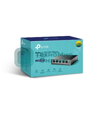 Коммутатор 5-Port 10/100Mbps Unmanaged Switch with 4-Port PoE, meta case, desktop mount, PoE budget 41W.