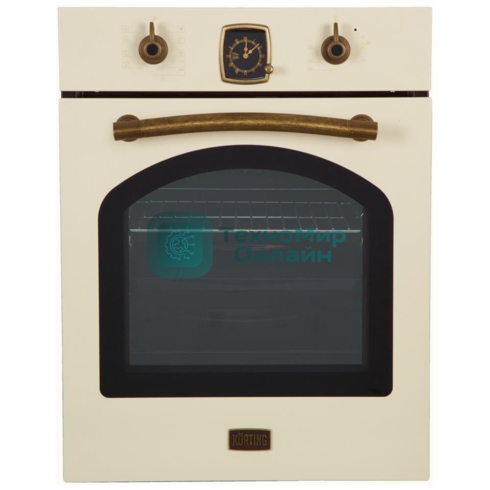 Встраиваемая электрическая духовка Korting OKB 4941 CRB, ширина 45 см, аналоговые часы в классическом стиле Frank Muller, таймера с функцией отключения, 9 режимов нагрева, объем духовки 45 л, телескопические направляющие на одном уровне, двухслойное остекление, каталитическая самоочистка, автоматическое отключение, в комплекте: 2 противня, хромированная решетка, цвет - слоновая кость; цвет ручек - бронза