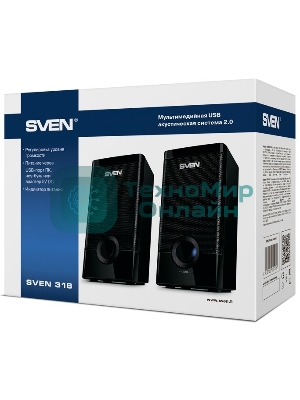 Колонки SVEN 318 черный USB-порт ПК, ноутбука или адаптер 5V DC