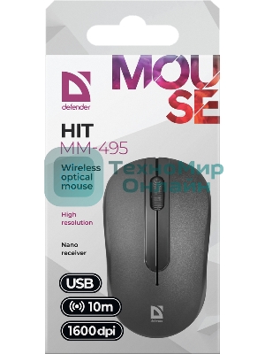 Мышь беспроводная Defender Hit MM-495 черный, 1600 dpi, радиоканал, USB, кнопки - 3