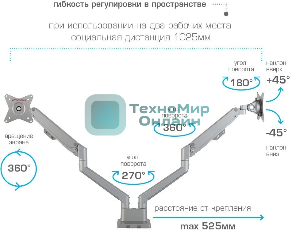 Кронштейн Arm media LCD-T36 серебристый, 4 шт/уп. Кр. алюм. настол. для 2-х мон. 15
