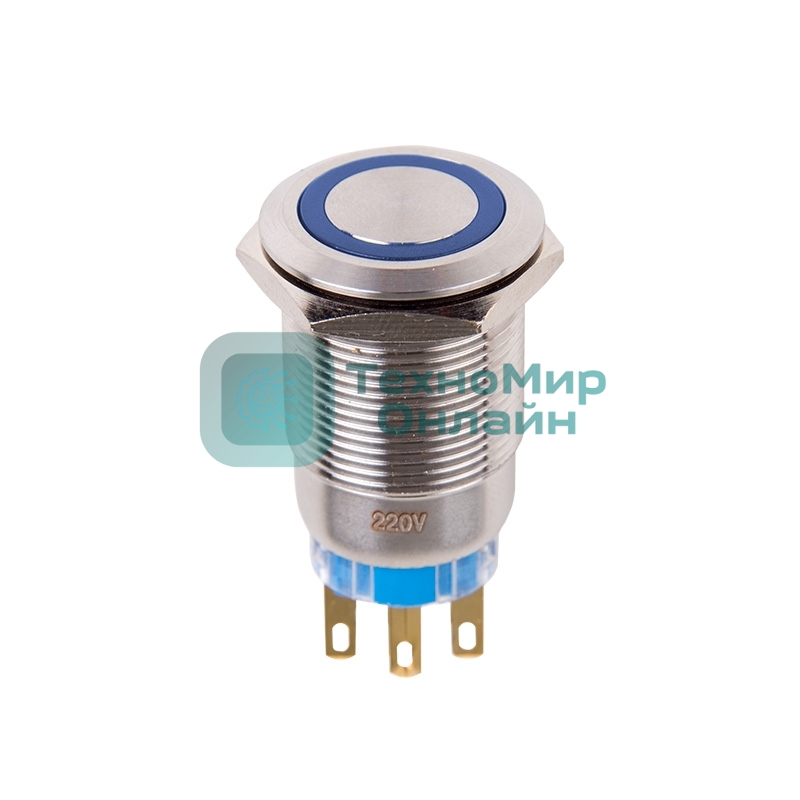 Кнопка антивандальная Rexant Ø19 250В Фикс (5с) ON-OFF/OFF-ON подсв/синяя