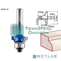 Фреза кромочная калевочная Зубр №1, D= 19мм, рабочая длина-7,4мм, радиус-3,2мм, хв.-8мм, d-12,7мм, Зубр Профессионал 28701-19