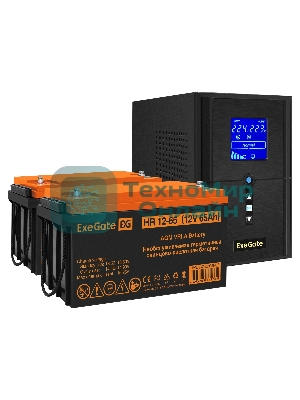 Комплект источника бесперебойного питания Exegate EX295987RUS + батарея 65Aч EX282982RUS 2шт (инвертор, синус, для котла) ExeGate SineTower SZ-1000.LCD.AVR.2SH.1C13.USB <1000VA/800W, чистый синусоида, LCD дисплей, AVR, 2*Schuko+1*C13, USB, линейно-интерактивный, черный> + батарея ExeGate HR 12-65 (12В, 65А·ч) 2шт