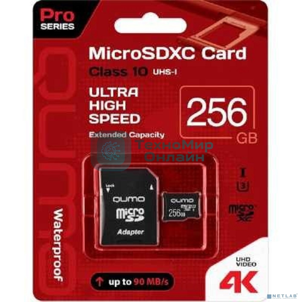 Флеш карта QUMO MicroSDXC 256 Gb 90/70 МБ/с UHS-I U3, Pro seria 3.0, адаптер в комплекте SD, красная картонная упаковка (QM256GMICSDXC10U3)