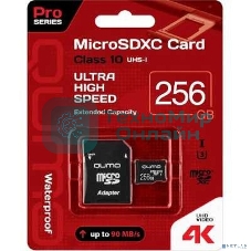 Флеш карта QUMO MicroSDXC 256 Gb 90/70 МБ/с UHS-I U3, Pro seria 3.0, адаптер в комплекте SD, красная картонная упаковка (QM256GMICSDXC10U3)
