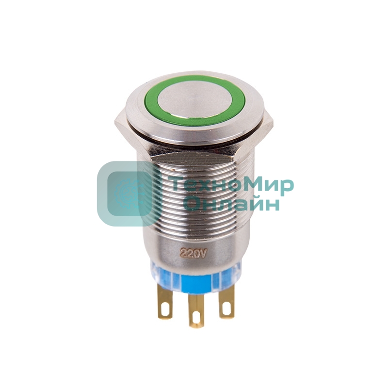 Кнопка антивандальная Rexant Ø19 12В Фикс (5с) ON-OFF/OFF-ON подсв/зеленая