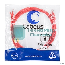 Шнур комм. Cabeus, cat.6, неэкр., U/UTP, RJ45/RJ45, 250 МГц, PVC, AWG24, 2м, красный