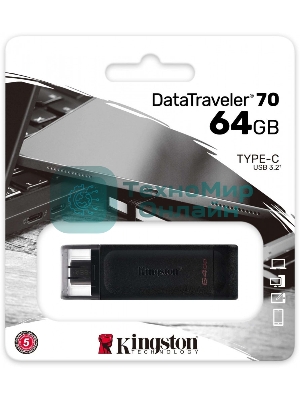 Флешка USB Kingston DataTraveler DT70 (DT70/64Gb), 64Gb, USB Type-C 3.2, R/W 70/45, черный